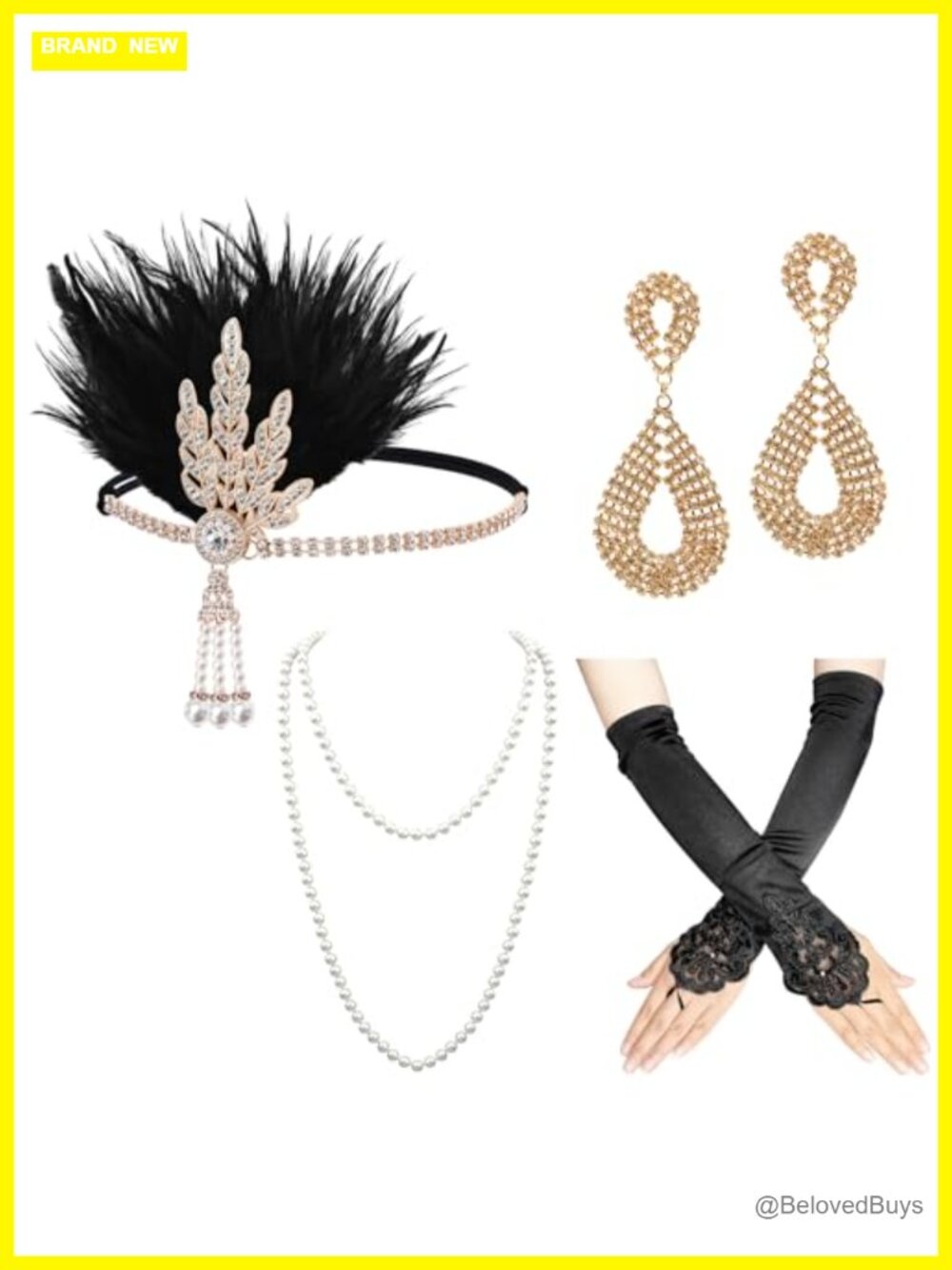 1920s Flapper Accessory Set Feather Headpiece Pearl Necklace Gloves Earrings